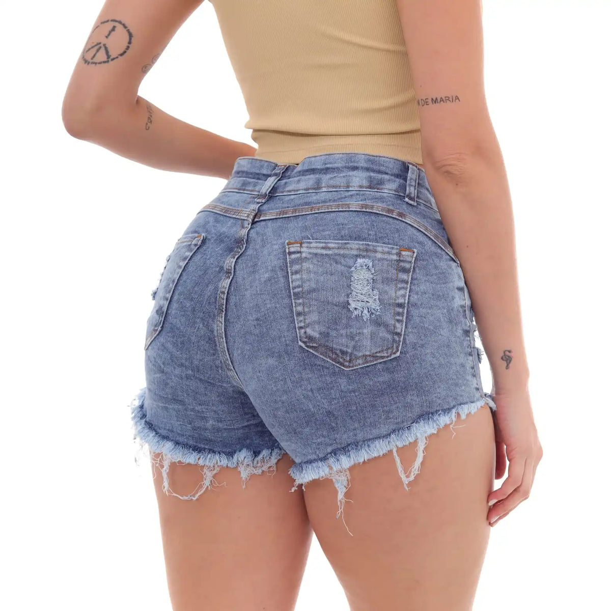 Shorts Jeans Feminino Marmorizado Puído – Luxo & Tendência para o Verão