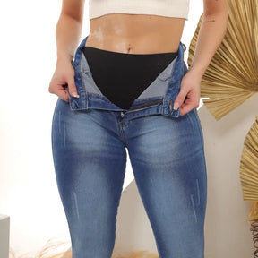 Calça Jeans Skinny Com Cinta Lipo Lavagem Azul Clara Feminina Tecido Premium