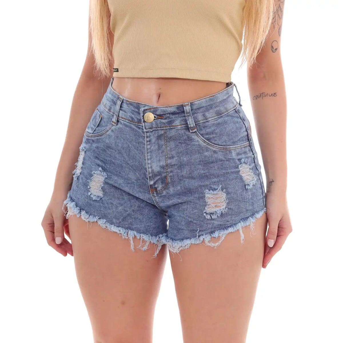 Shorts Jeans Feminino Marmorizado Puído – Luxo & Tendência para o Verão