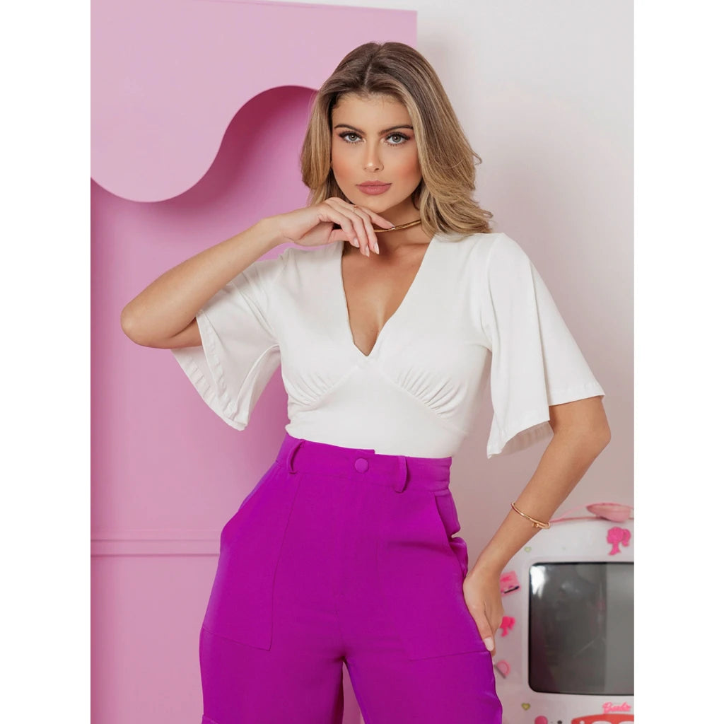 Blusa Cortada com Decote em V Manga Larga Elegante