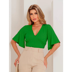 Blusa Cortada com Decote em V Manga Larga Elegante