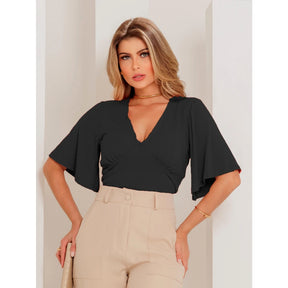 Blusa Cortada com Decote em V Manga Larga Elegante