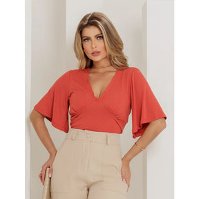 Blusa Cortada com Decote em V Manga Larga Elegante